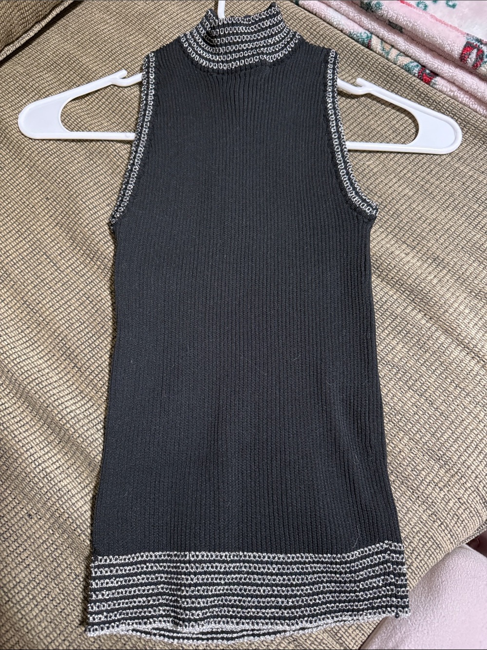Vintage Black Ribbed Sleeveless Mock Neck Tank with White Trim